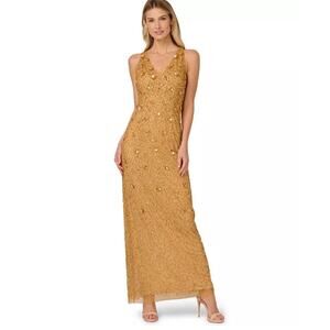 NEW Adrianna Papel gold sleeveless beaded column gown, size 14